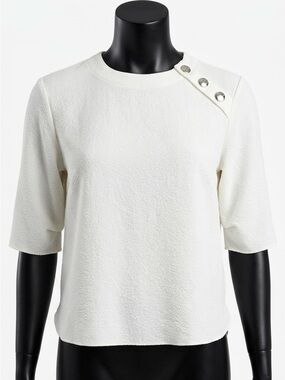 Sfera Basic Ivory/White Textured Asymmetric Button Shoulder Top Blouse M